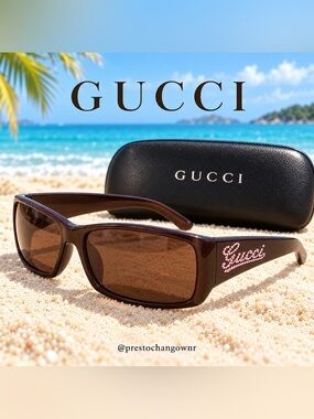 Vintage Y2K Gucci Brown Wrap Sunglasses Pink Rhinestone Logo With Case